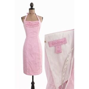 Lilly Pulitzer Pink Gingham Halter Dress Fitted Summer Cotton Size 4